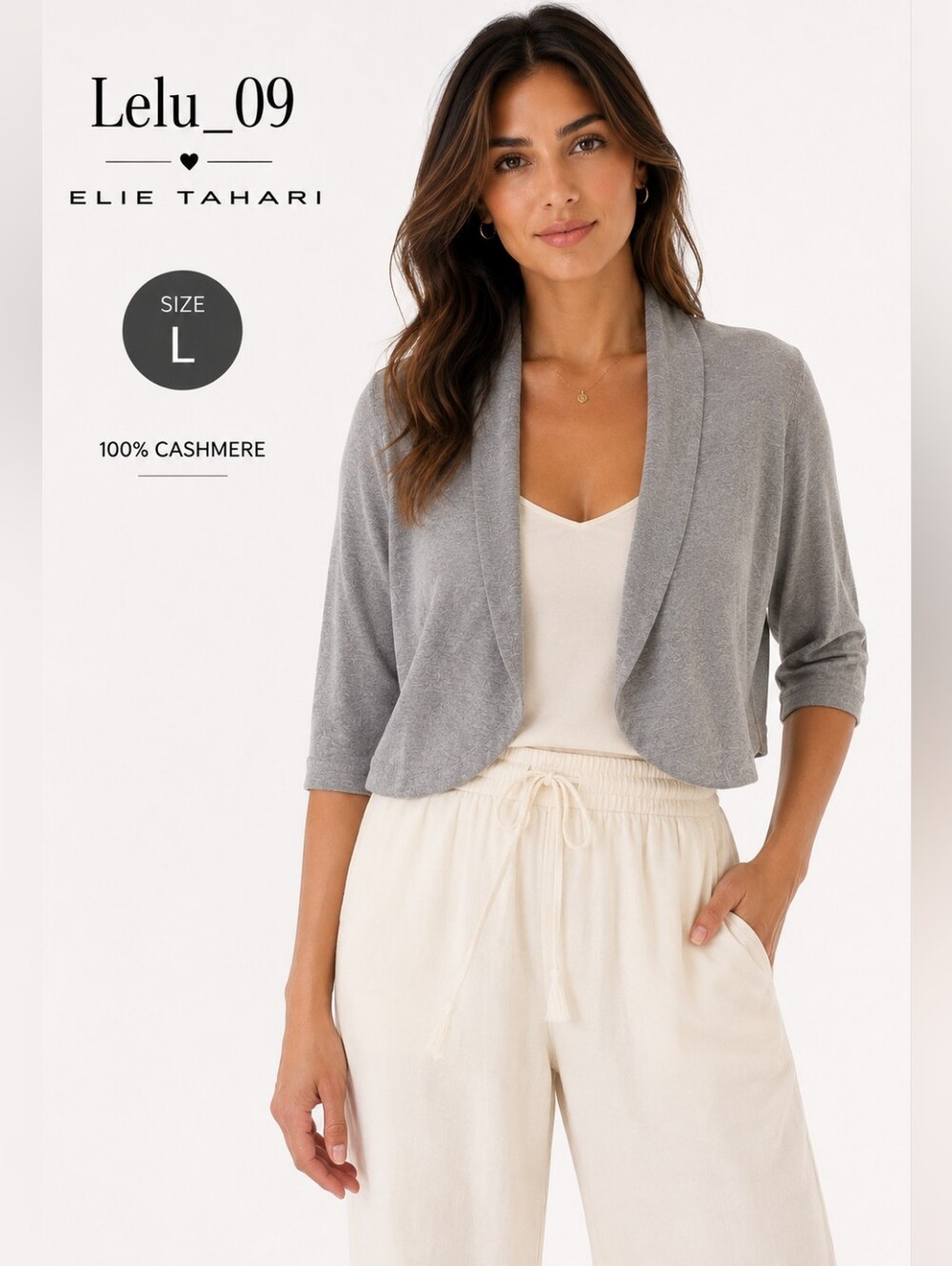 Elie Tahari 100% Cashmere Cropped Cardigan | Size L | Soft Gray | Luxury Knit